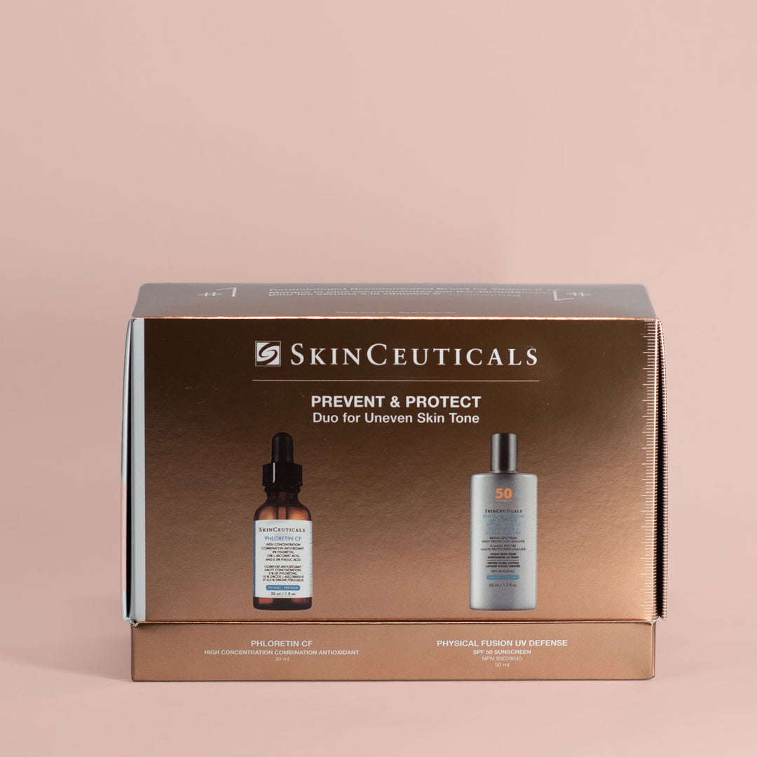 SkinCeuticals Prevent &amp; Protect Uneven Skin Tone Duo box: Phloretin CF and Physical Fusion UV Defense SPF 50