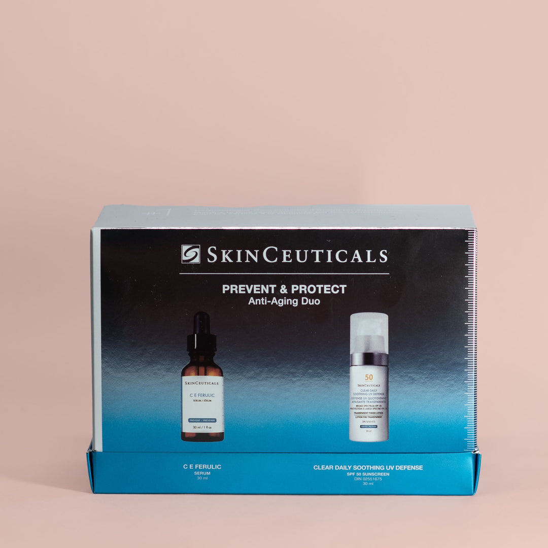 SkinCeuticals Prevent &amp; Protect Anti-Aging Duo box: C E Ferulic serum and Clear Daily Soothing UV Defense SPF 50