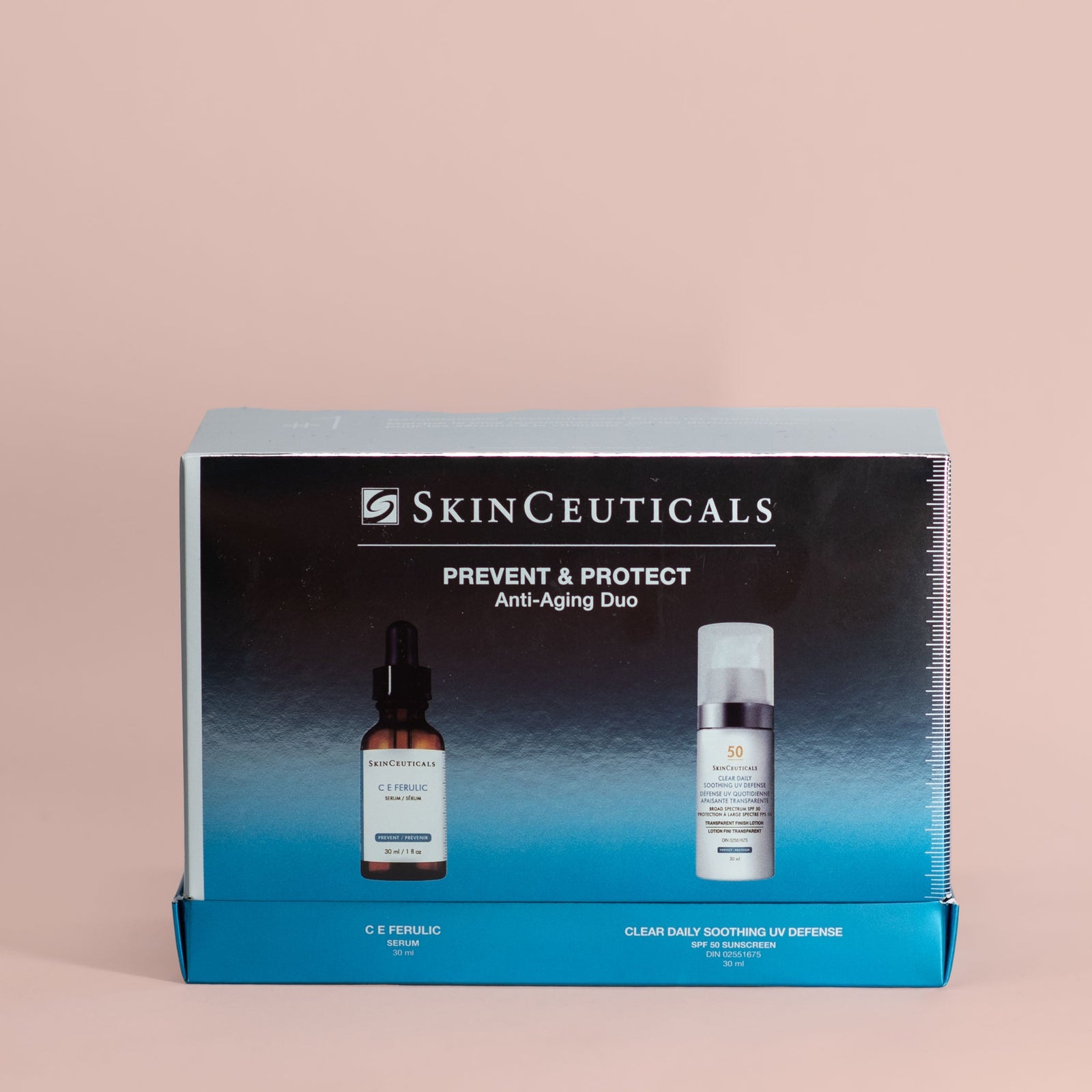 SkinCeuticals Prevent & Protect Anti-Aging Duo box: C E Ferulic serum and Clear Daily Soothing UV Defense SPF 50