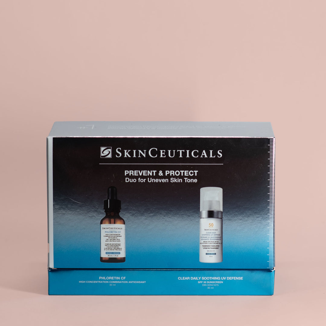SkinCeuticals Prevent &amp; Protect Uneven Skin Tone Duo box: Phloretin CF and Clear Daily Soothing UV Defense SPF 50